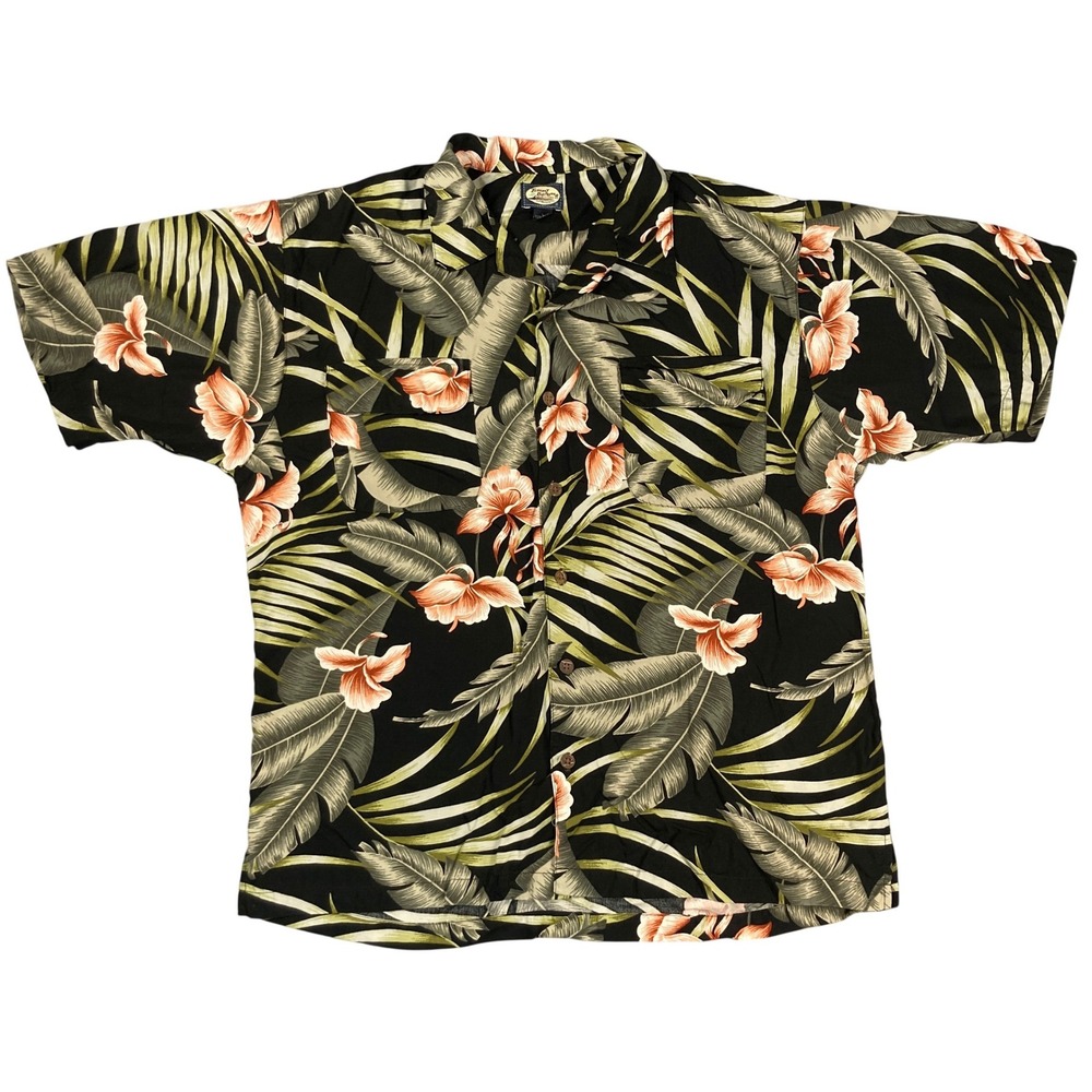 Tommy‎ Bahama Mens Large Black Tropical Palm Floral Rayon Camp Shirt RN 86549